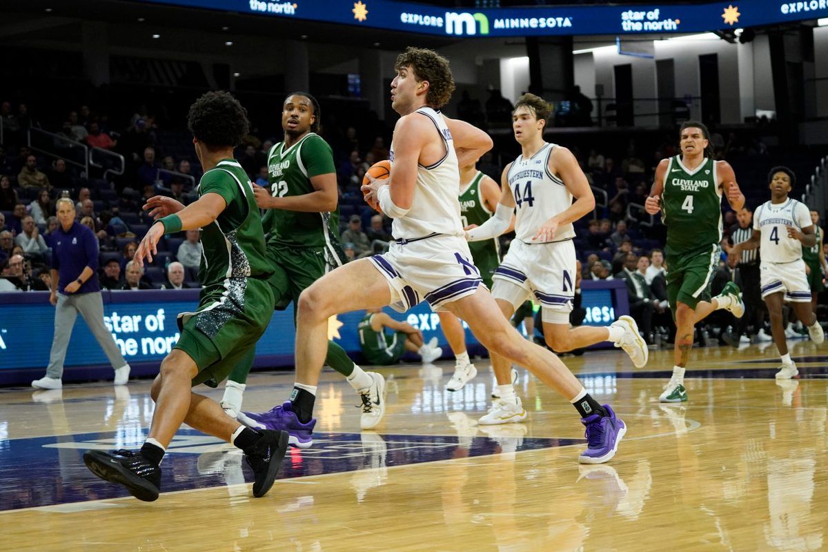 Nov 10, 2025; Evanston, Illinois, USA; Northwestern Wildcats forward Nick Martinelli (2) drives to the basket against the Cleveland State Vikings during the second half at Welsh-Ryan Arena. Mandatory Credit: David Banks-Imagn Images