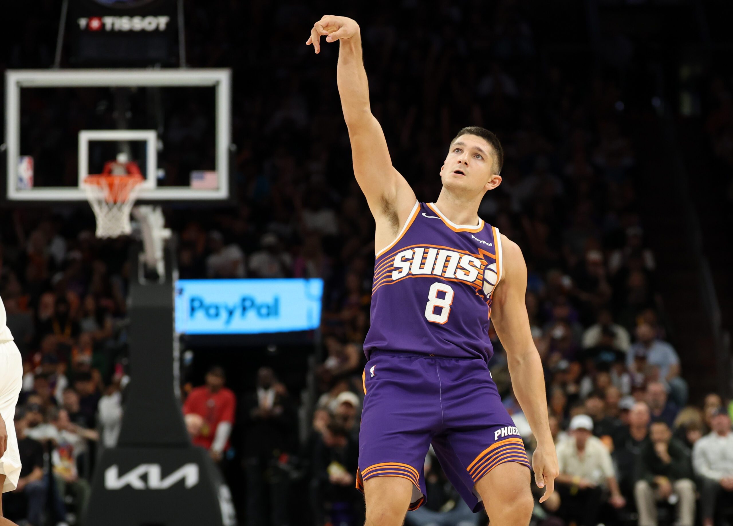 Nov 10, 2025; Phoenix, Arizona, USA; Phoenix Suns guard Grayson Allen (8) shoots a three pointer against the New Orleans Pelicans in the second half at the Mortgage Matchup Center. Mandatory Credit: Mark J. Rebilas-Imagn Images