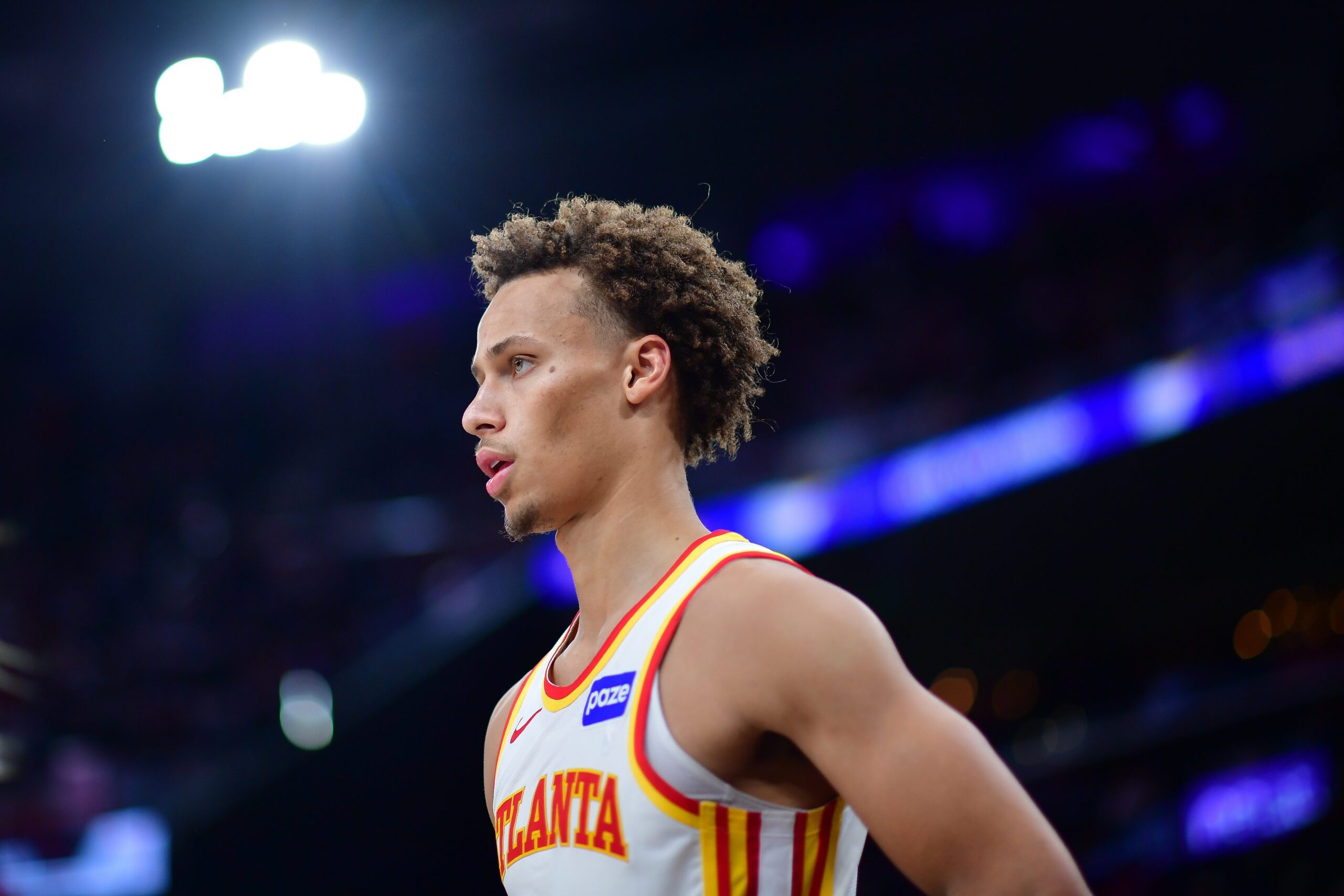 Nov 10, 2025; Inglewood, California, USA; Atlanta Hawks guard Dyson Daniels (5) against the Los Angeles Clippers during the second half at Intuit Dome. Mandatory Credit: Gary A. Vasquez-Imagn Images