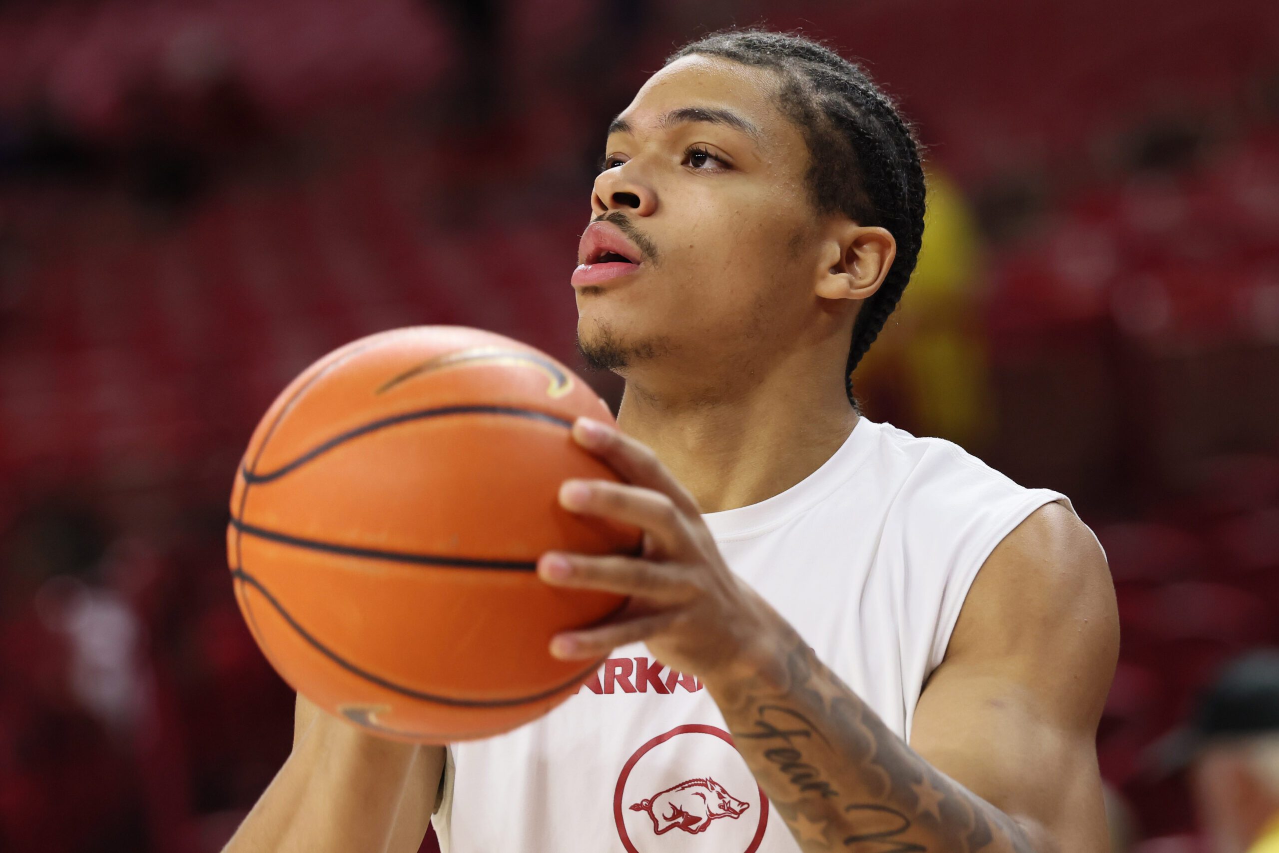 Nov 11, 2025; Fayetteville, Arkansas, USA; Arkansas Razorbacks guard Darius Acuff Jr warms up prior to the game against the UCA Bears at Bud Walton Arena. Mandatory Credit: Nelson Chenault-Imagn Images