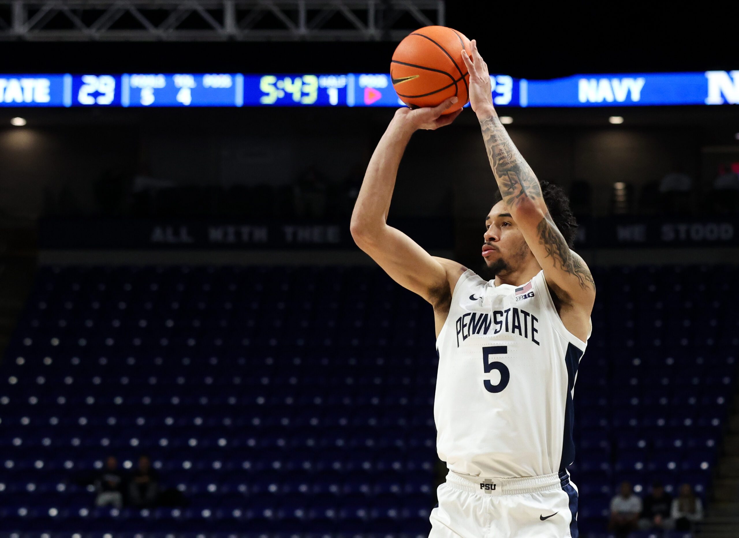 Nov 11, 2025; University Park, Pennsylvania, USA; Penn State Nittany Lions guard Freddie Dilione V (5) shoots the ball during the first half against the Navy Midshipmen at Bryce Jordan Center. Mandatory Credit: Matthew O'Haren-Imagn Images