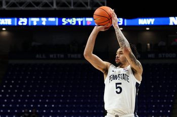Nov 11, 2025; University Park, Pennsylvania, USA; Penn State Nittany Lions guard Freddie Dilione V (5) shoots the ball during the first half against the Navy Midshipmen at Bryce Jordan Center. Mandatory Credit: Matthew O'Haren-Imagn Images