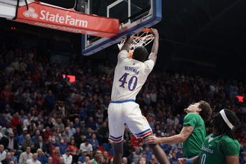 Kansas Jayhawks forward Flory Bidunga (40) dunks the ball during the first half of the game against Texas A&M-Corpus Christi Islanders inside Allen Fieldhouse on Nov. 11, 2025.