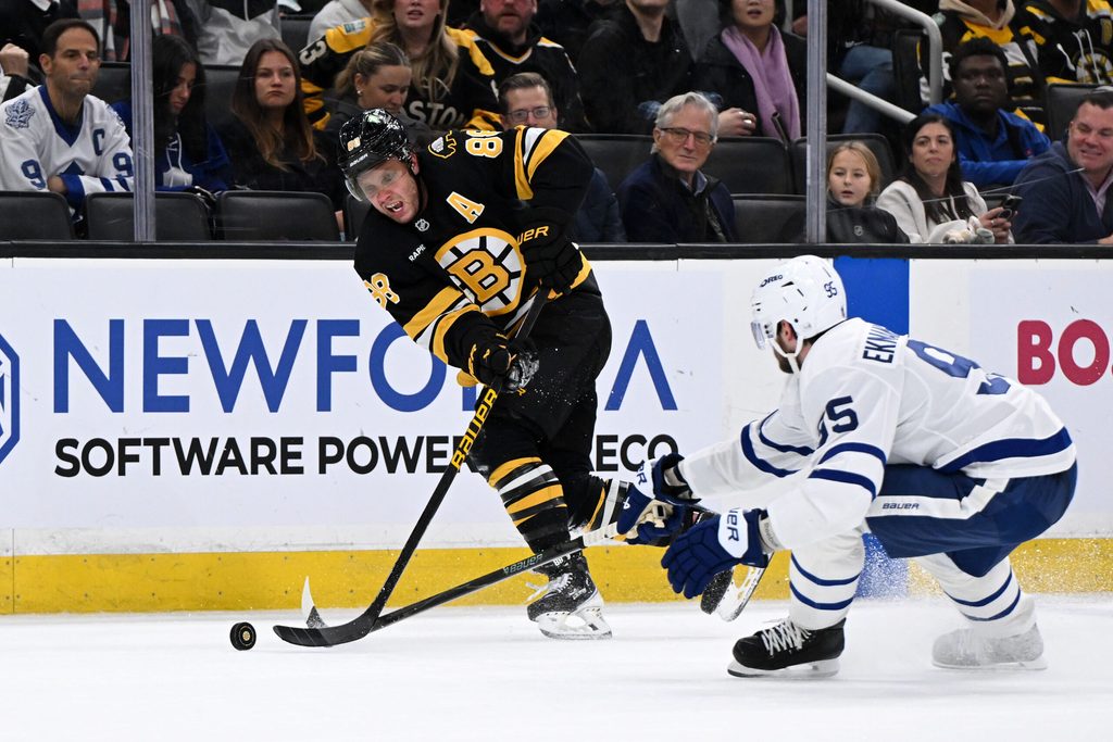 Nov 11, 2025; Boston, Massachusetts, USA; Boston Bruins right wing David Pastrnak (88) takes a shot against the Toronto Maple Leafs during the third period at the TD Garden. Mandatory Credit: Brian Fluharty-Imagn Images