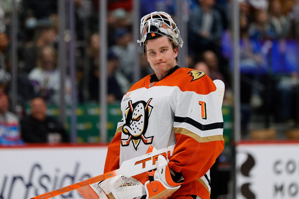 Nov 11, 2025; Denver, Colorado, USA; Anaheim Ducks goaltender Lukas Dostal (1) in the second period against the Colorado Avalanche at Ball Arena. Mandatory Credit: Isaiah J. Downing-Imagn Images