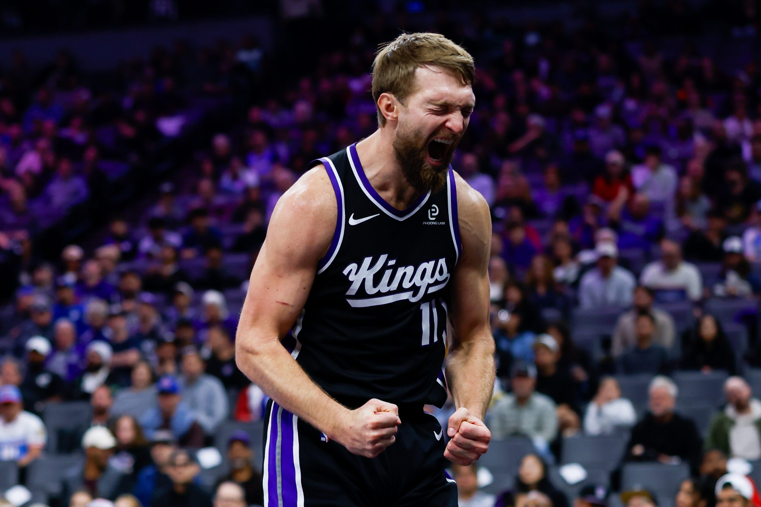 Nov 11, 2025; Sacramento, California, USA; Sacramento Kings center Domantas Sabonis (11) reacts after a play during the fourth quarter against the Denver Nuggets at Golden 1 Center. Mandatory Credit: Sergio Estrada-Imagn Images