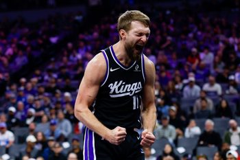 Nov 11, 2025; Sacramento, California, USA; Sacramento Kings center Domantas Sabonis (11) reacts after a play during the fourth quarter against the Denver Nuggets at Golden 1 Center. Mandatory Credit: Sergio Estrada-Imagn Images