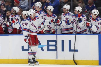Nov 12, 2025; Tampa, Florida, USA; New York Rangers left wing Will Cuylle (50) scores a goal against the Tampa Bay Lightning during the third period at Benchmark International Arena. Mandatory Credit: Kim Klement Neitzel-Imagn Images