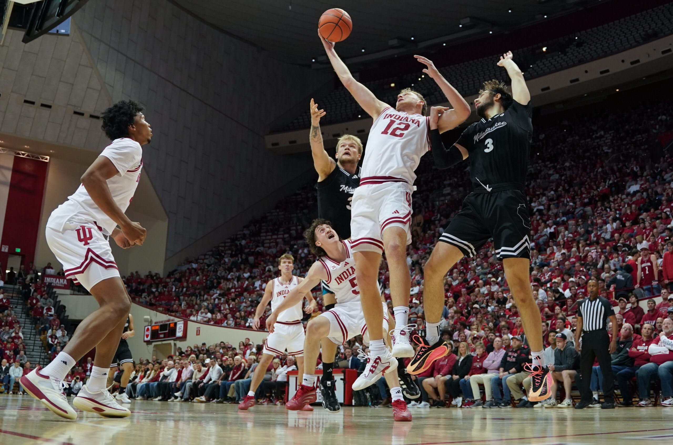 Nov 12, 2025; Bloomington, Indiana, USA; Indiana Hoosiers forward Tucker Devries (12) rebounds the ball against Milwaukee Panthers forward Danilo Jovanovich (3) during the second half at Simon Skjodt Assembly Hall. Mandatory Credit: Robert Goddin-Imagn Images