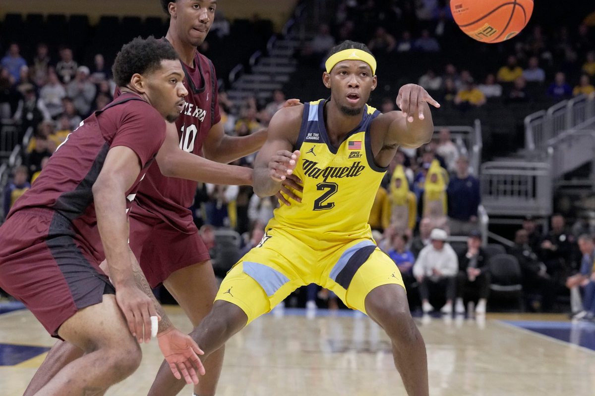 Marquette guard Chase Ross (2) passes the ball during the first half of their game against Little Rock Wednesday, November 12, 2025 at Fiserv Forum in Milwaukee, Wisconsin.