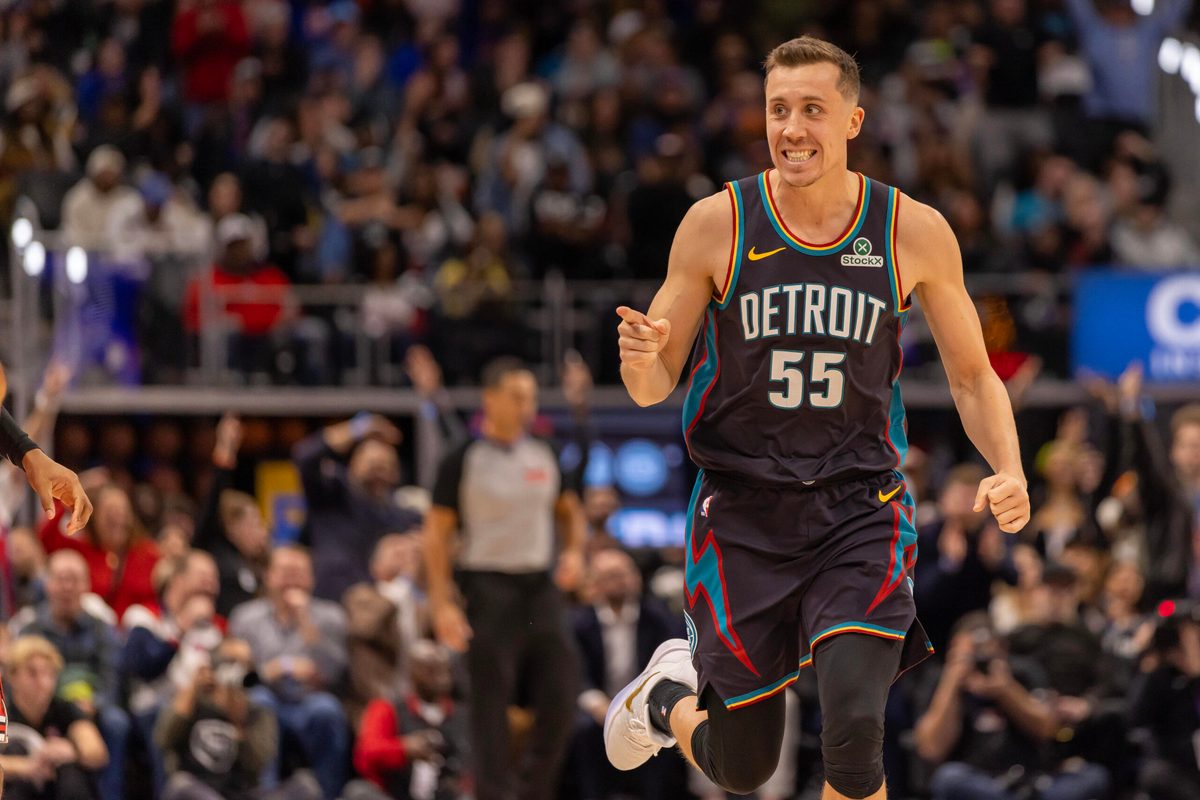 Nov 12, 2025; Detroit, Michigan, USA; Detroit Pistons forward Duncan Robinson (55) runs up court after shooting a three point basket against the Chicago Bulls during the second half at Little Caesars Arena. Mandatory Credit: David Reginek-Imagn Images
