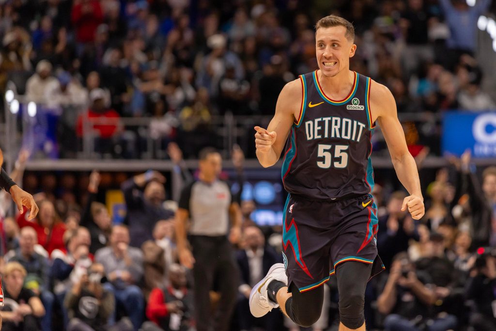 Nov 12, 2025; Detroit, Michigan, USA; Detroit Pistons forward Duncan Robinson (55) runs up court after shooting a three point basket against the Chicago Bulls during the second half at Little Caesars Arena. Mandatory Credit: David Reginek-Imagn Images