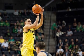 Oregon guard Jackson Shelstad puts up a shot as the Oregon Ducks host the South Dakota State Jackrabbits on Nov. 12, 2025, at Matthew Knight Arena in Eugene, Oregon.