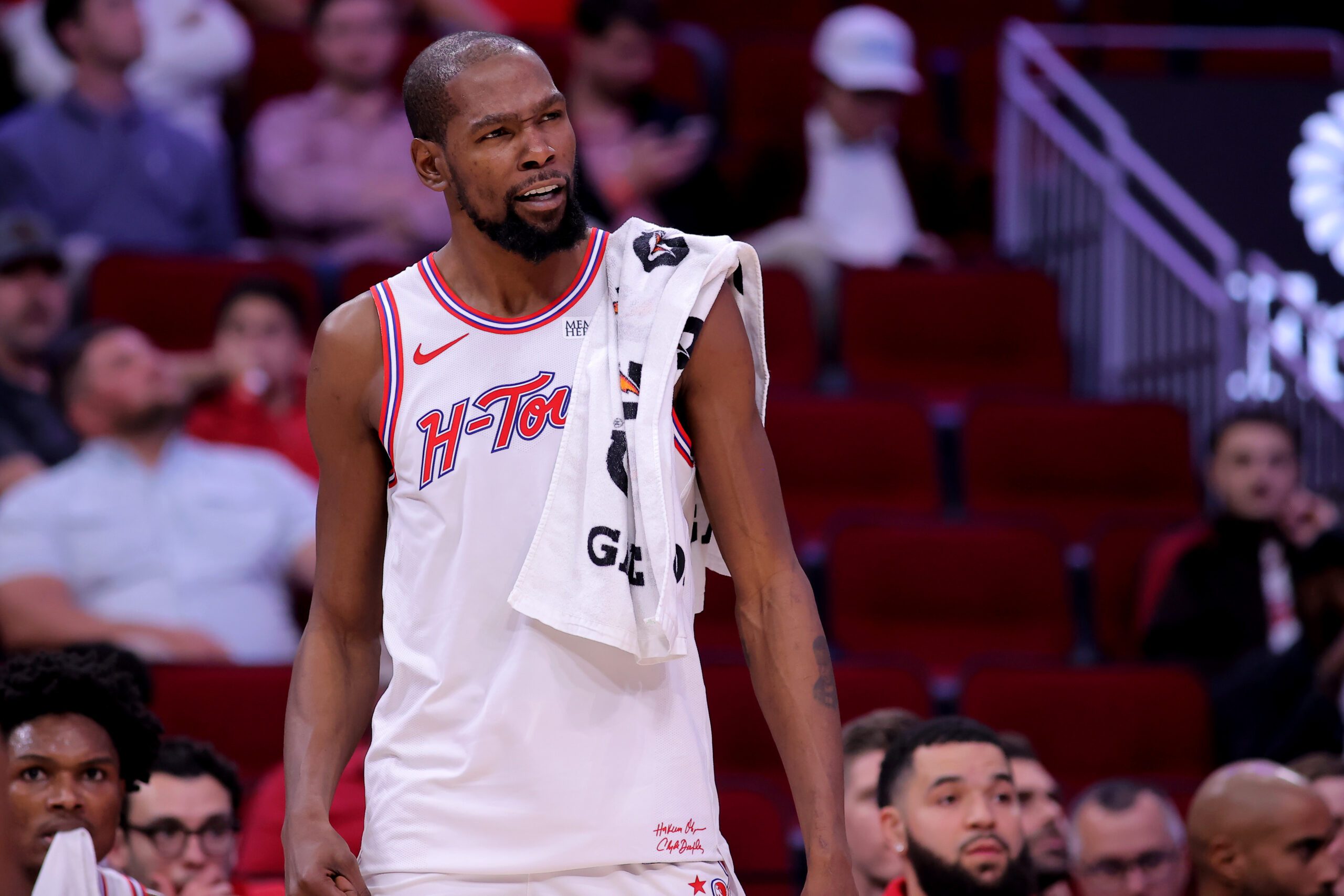 Nov 12, 2025; Houston, Texas, USA; Houston Rockets forward Kevin Durant (7) on the bench against the Washington Wizards during the fourth quarter at Toyota Center. Mandatory Credit: Erik Williams-Imagn Images