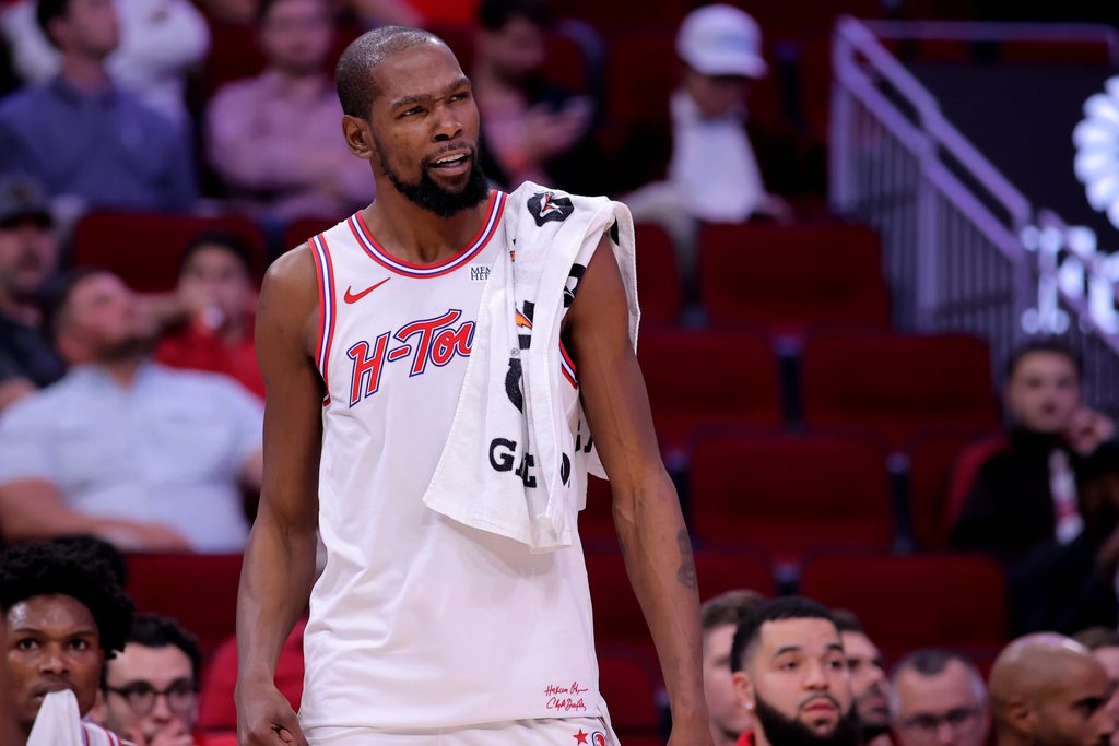 Nov 12, 2025; Houston, Texas, USA; Houston Rockets forward Kevin Durant (7) on the bench against the Washington Wizards during the fourth quarter at Toyota Center. Mandatory Credit: Erik Williams-Imagn Images