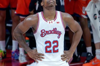 Bradley’s Jaquan Johnson reacts as the clock winds down on the Braves’ 78-67 loss to UT-Martin on Wednesday, Nov. 12, 2025 at Carver Arena in Peoria.