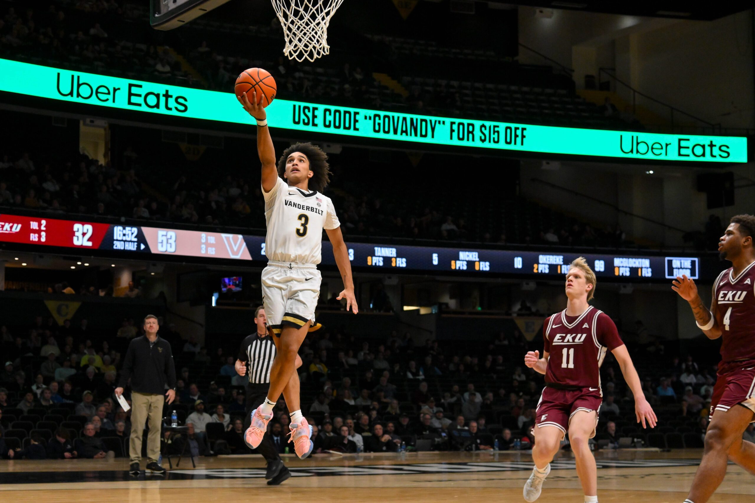 Nov 12, 2025; Nashville, Tennessee, USA;  Vanderbilt Commodores guard Tyler Tanner (3) lays the ball in against the Eastern Kentucky Colonels during the second half at Memorial Gymnasium. Mandatory Credit: Steve Roberts-Imagn Images