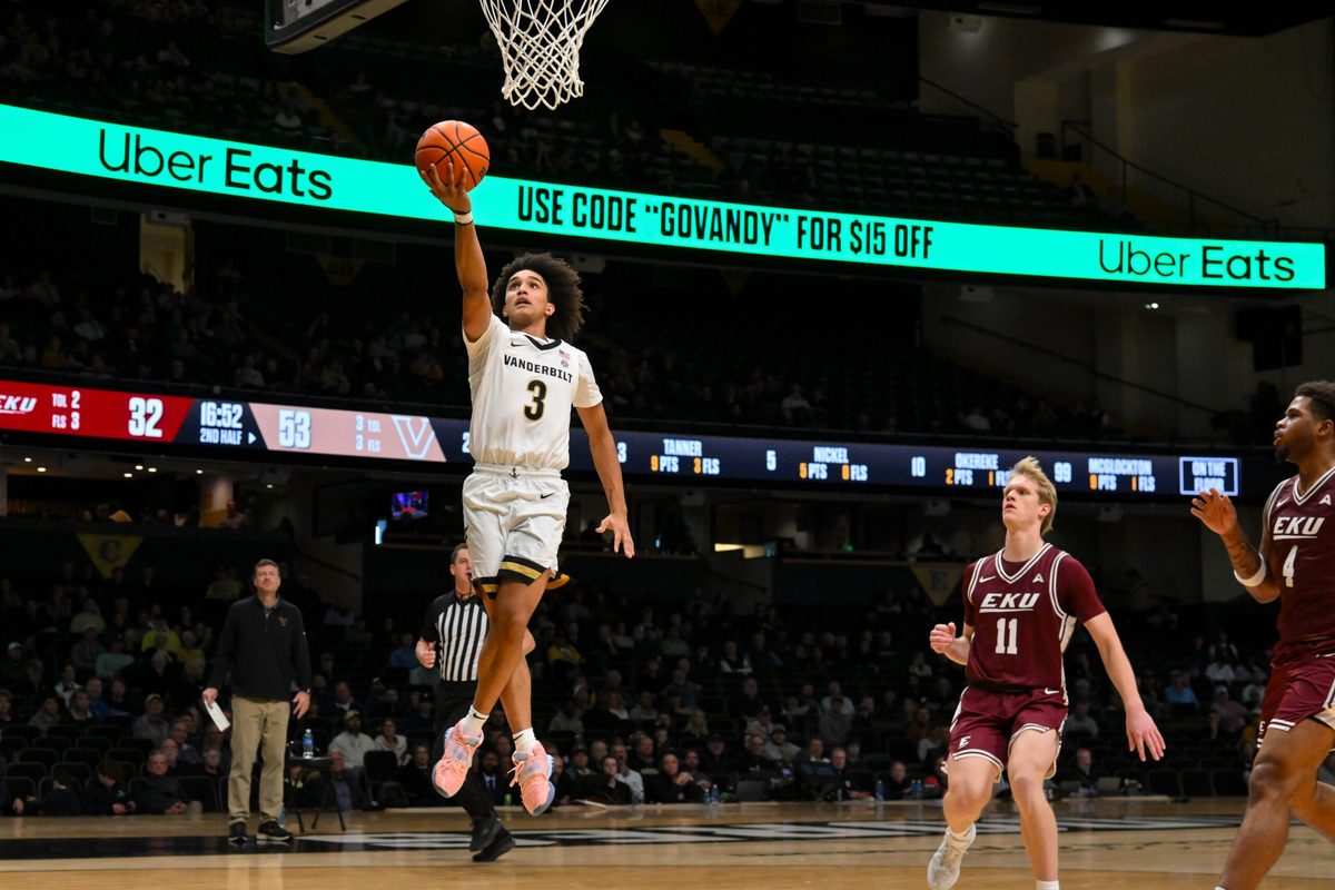Nov 12, 2025; Nashville, Tennessee, USA;  Vanderbilt Commodores guard Tyler Tanner (3) lays the ball in against the Eastern Kentucky Colonels during the second half at Memorial Gymnasium. Mandatory Credit: Steve Roberts-Imagn Images