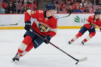 Nov 13, 2025; Sunrise, Florida, USA; Florida Panthers center Anton Lundell (15) moves the puck against the Washington Capitals during the first period at Amerant Bank Arena. Mandatory Credit: Sam Navarro-Imagn Images