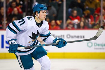 Nov 13, 2025; Calgary, Alberta, CAN; San Jose Sharks center Macklin Celebrini (71) skates against the Calgary Flames during the second period at Scotiabank Saddledome. Mandatory Credit: Sergei Belski-Imagn Images
