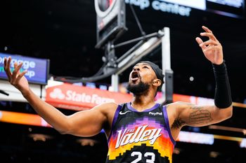 Nov 13, 2025; Phoenix, Arizona, USA;  Phoenix Suns guard Jordan Goodwin (23) hypes up the crowd during the second half of the game at Mortgage Matchup Center. Mandatory Credit: Arianna Grainey-Imagn Images