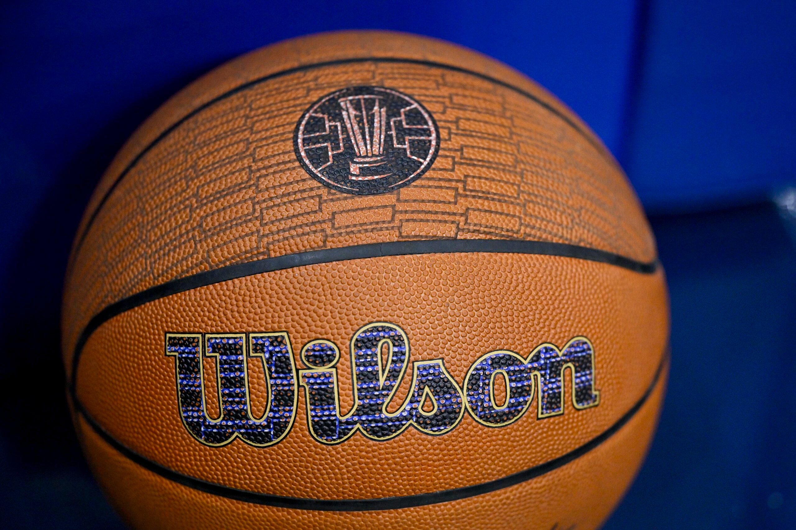 Nov 14, 2025; Dallas, Texas, USA; A detailed view of a Wilson basketball before the game between the Dallas Mavericks and the LA Clippers in an NBA Cup game at the American Airlines Center. Mandatory Credit: Jerome Miron-Imagn Images