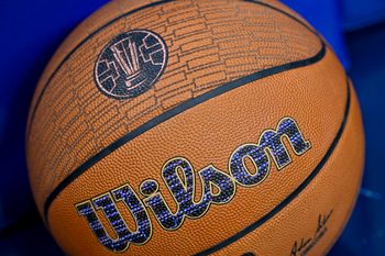 Nov 14, 2025; Dallas, Texas, USA; A detailed view of a Wilson basketball before the game between the Dallas Mavericks and the LA Clippers in an NBA Cup game at the American Airlines Center. Mandatory Credit: Jerome Miron-Imagn Images