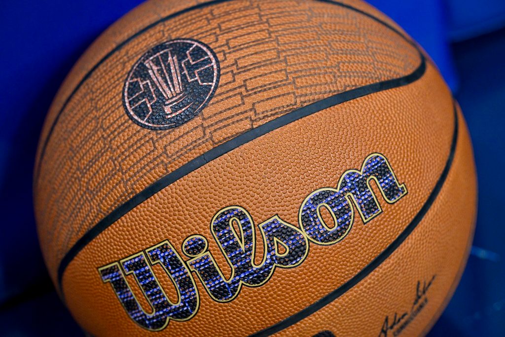 Nov 14, 2025; Dallas, Texas, USA; A detailed view of a Wilson basketball before the game between the Dallas Mavericks and the LA Clippers in an NBA Cup game at the American Airlines Center. Mandatory Credit: Jerome Miron-Imagn Images