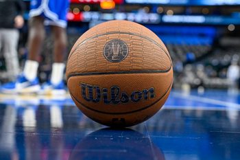 Nov 14, 2025; Dallas, Texas, USA; A detailed view of a Wilson basketball before the game between the Dallas Mavericks and the LA Clippers in an NBA Cup game at the American Airlines Center. Mandatory Credit: Jerome Miron-Imagn Images
