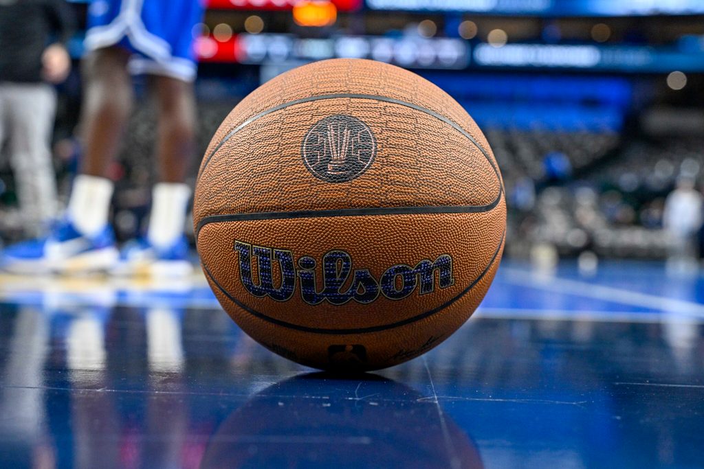 Nov 14, 2025; Dallas, Texas, USA; A detailed view of a Wilson basketball before the game between the Dallas Mavericks and the LA Clippers in an NBA Cup game at the American Airlines Center. Mandatory Credit: Jerome Miron-Imagn Images