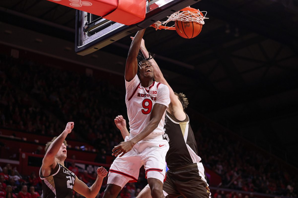 Nov 14, 2025; Piscataway, New Jersey, USA; Rutgers Scarlet Knights forward Dylan Grant (9) dunks the ball during the second half against the Lehigh Mountain Hawks at Jersey Mike's Arena. Mandatory Credit: Vincent Carchietta-Imagn Images