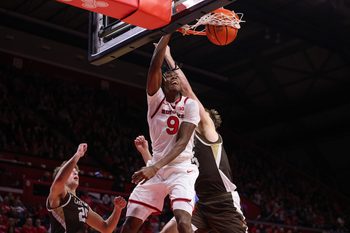 Nov 14, 2025; Piscataway, New Jersey, USA; Rutgers Scarlet Knights forward Dylan Grant (9) dunks the ball during the second half against the Lehigh Mountain Hawks at Jersey Mike's Arena. Mandatory Credit: Vincent Carchietta-Imagn Images