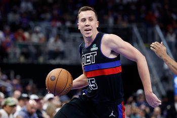 Nov 14, 2025; Detroit, Michigan, USA;  Detroit Pistons forward Duncan Robinson (55) dribbles in the second half against the Philadelphia 76ers at Little Caesars Arena. Mandatory Credit: Rick Osentoski-Imagn Images