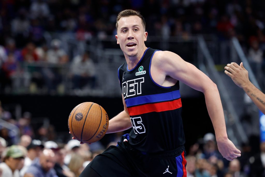 Nov 14, 2025; Detroit, Michigan, USA; Detroit Pistons forward Duncan Robinson (55) dribbles in the second half against the Philadelphia 76ers at Little Caesars Arena. Mandatory Credit: Rick Osentoski-Imagn Images