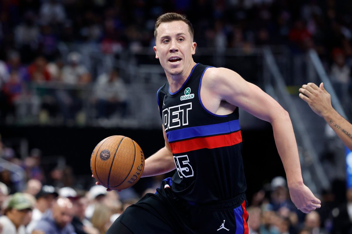 Nov 14, 2025; Detroit, Michigan, USA; Detroit Pistons forward Duncan Robinson (55) dribbles in the second half against the Philadelphia 76ers at Little Caesars Arena. Mandatory Credit: Rick Osentoski-Imagn Images