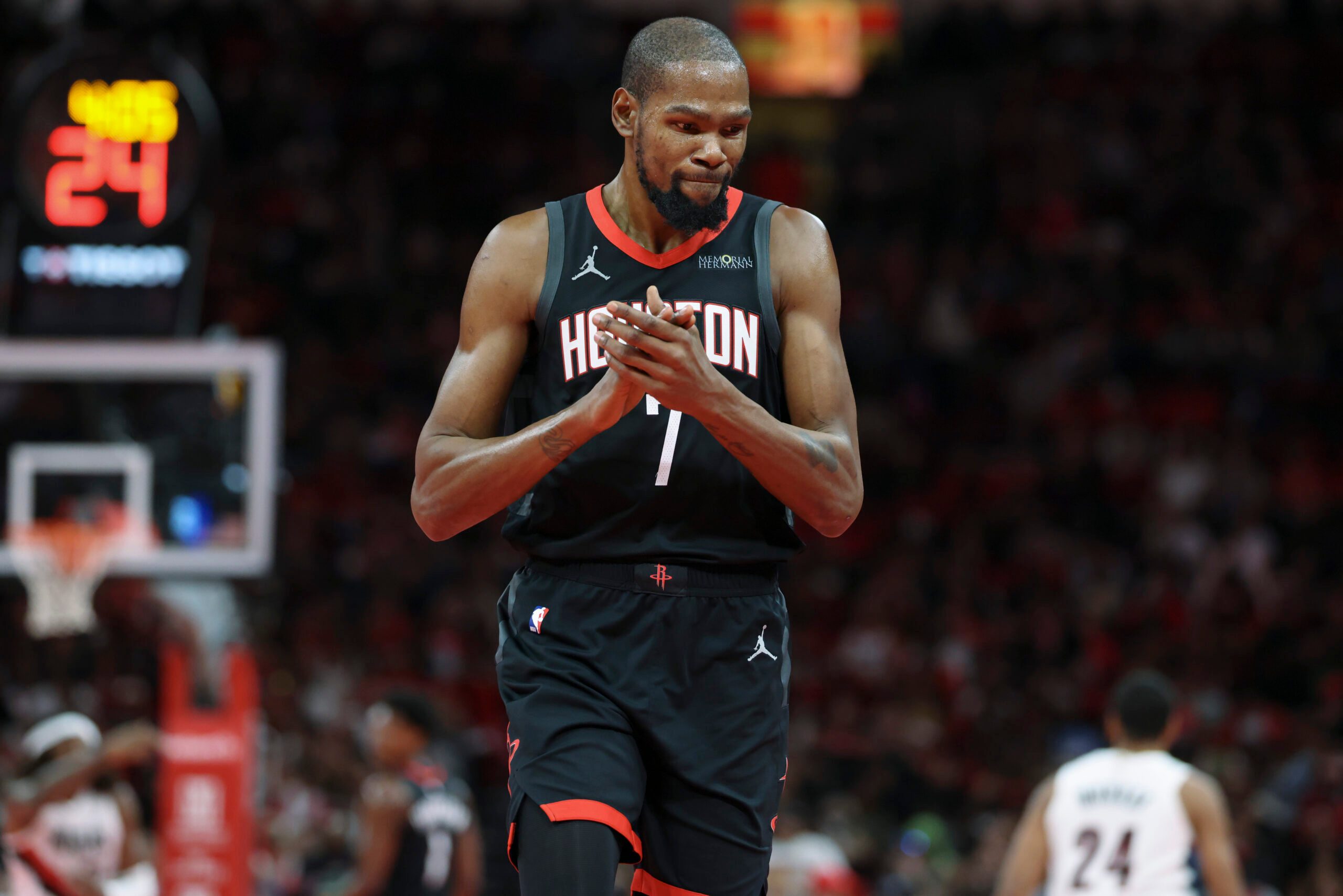 Nov 14, 2025; Houston, Texas, USA;  Houston Rockets forward Kevin Durant (7) claps after scoring during the third quarter against the Portland Trail Blazers at Toyota Center. Mandatory Credit: Troy Taormina-Imagn Images