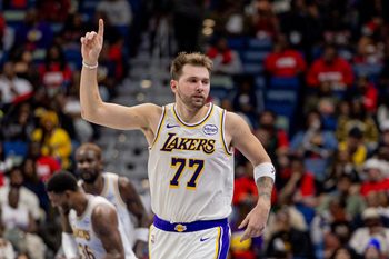 Nov 14, 2025; New Orleans, Louisiana, USA;  Los Angeles Lakers forward/guard Luka Dončić (77) against the New Orleans Pelicans during the second half at Smoothie King Center. Mandatory Credit: Stephen Lew-Imagn Images