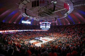 Nov 14, 2025; Champaign, Illinois, USA;  A general view of State Farm Center before the tip with the Colgate Raiders Mandatory Credit: Ron Johnson-Imagn Images