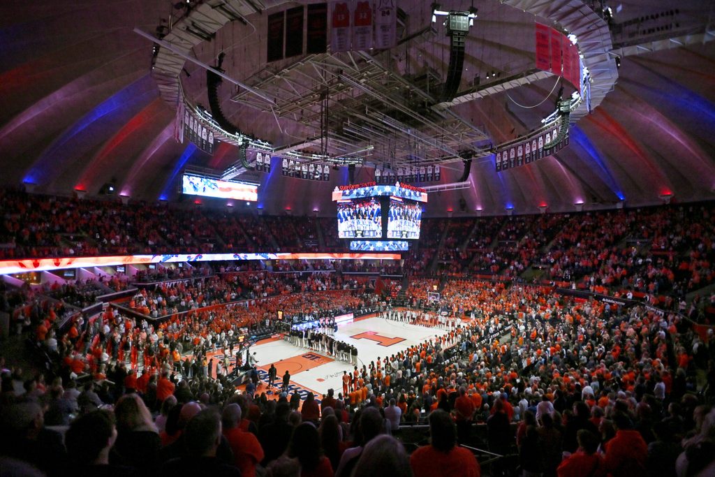 Nov 14, 2025; Champaign, Illinois, USA; A general view of State Farm Center before the tip with the Colgate Raiders Mandatory Credit: Ron Johnson-Imagn Images