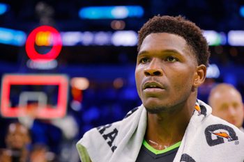 Nov 14, 2025; Minneapolis, Minnesota, USA; Minnesota Timberwolves guard Anthony Edwards (5) walks off the court after defeating the Sacramento Kings at Target Center. Mandatory Credit: Bruce Kluckhohn-Imagn Images