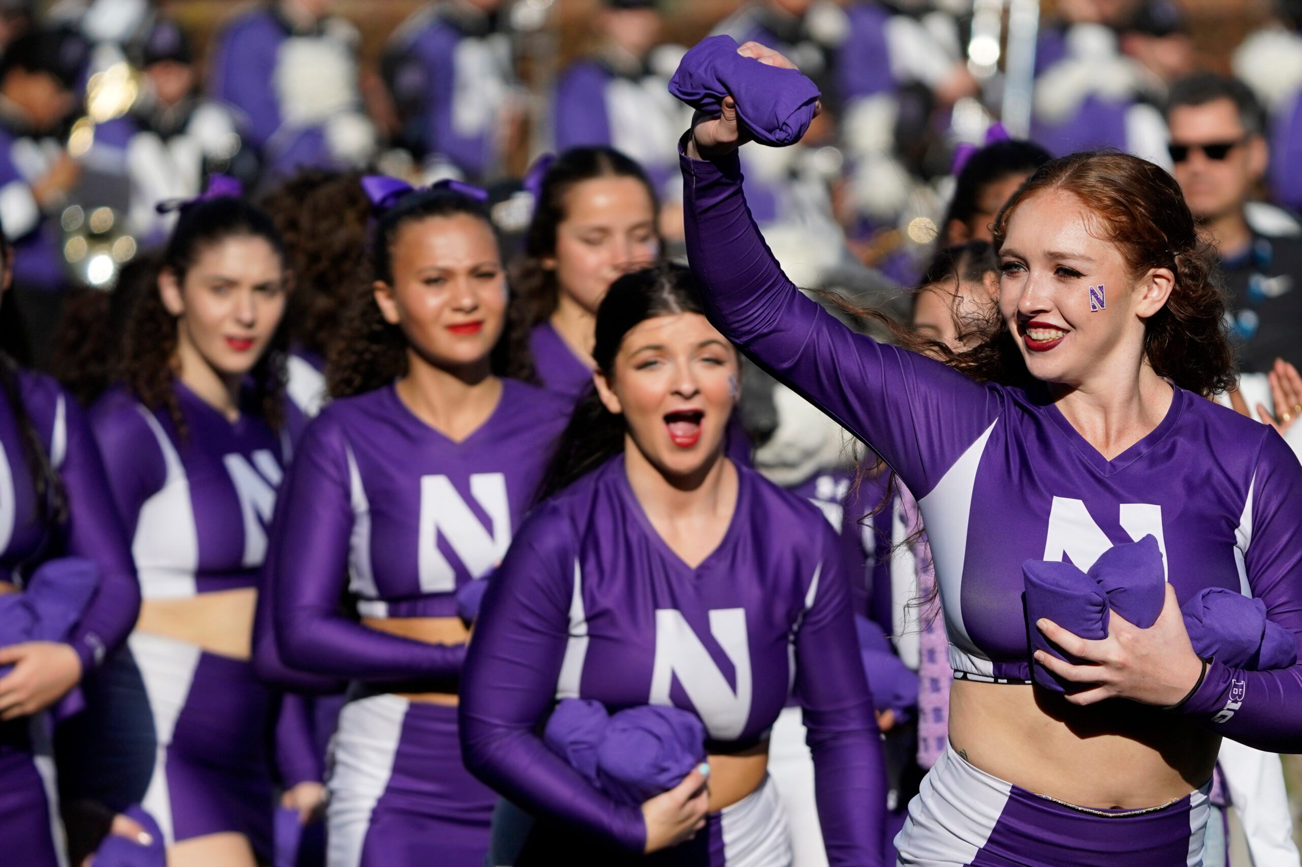 Nov 15, 2025; Chicago, Illinois, USA; Northwestern Wildcats cheerleaders during the second half at Wrigley Field. Mandatory Credit: David Banks-Imagn Images