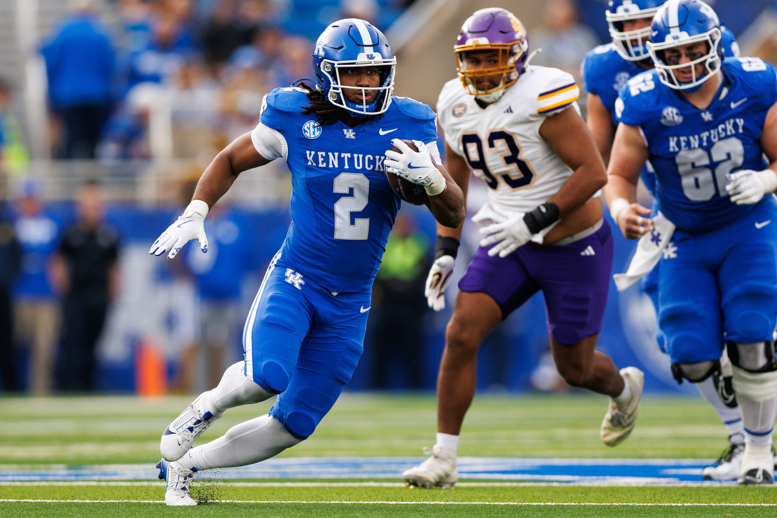 Nov 15, 2025; Lexington, Kentucky, USA; Kentucky Wildcats running back Dante Dowdell (2) runs the ball during the fourth quarter against the Tennessee Tech Golden Eagles at Kroger Field. Mandatory Credit: Jordan Prather-Imagn Images
