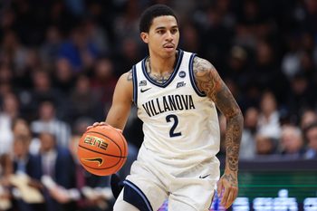 Nov 15, 2025; Villanova, Pennsylvania, USA; Villanova Wildcats guard Bryce Lindsay (2) controls the ball against the Duquesne Dukes during the first half at William B. Finneran Pavilion. Mandatory Credit: Bill Streicher-Imagn Images