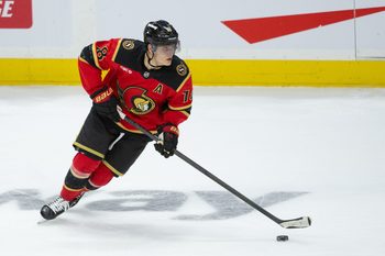 Nov 15, 2025; Ottawa, Ontario, CAN; Ottawa Senators center Tim Stutzle (18) skates with the puck in the third period against the Los Angeles Kings at the Canadian Tire Centre. Mandatory Credit: Marc DesRosiers-IMAGN Images