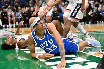 Nov 15, 2025; Boston, Massachusetts, USA; BYU Cougars center Xavion Staton (33) reacts to the official during the second half against the UConn Huskies at TD Garden. Mandatory Credit: Eric Canha-Imagn Images