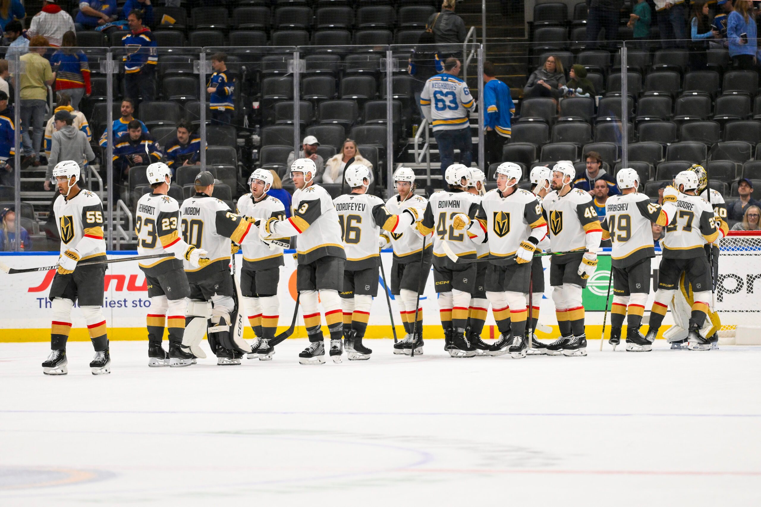Nov 15, 2025; St. Louis, Missouri, USA; Vegas Golden Knights celebrate after they defeated the St. Louis Blues at Enterprise Center. Mandatory Credit: Jeff Curry-Imagn Images