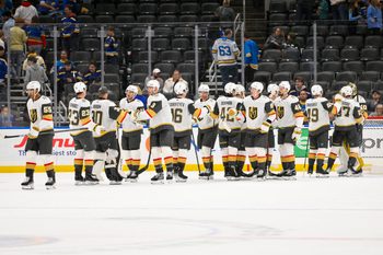 Nov 15, 2025; St. Louis, Missouri, USA; Vegas Golden Knights celebrate after they defeated the St. Louis Blues at Enterprise Center. Mandatory Credit: Jeff Curry-Imagn Images