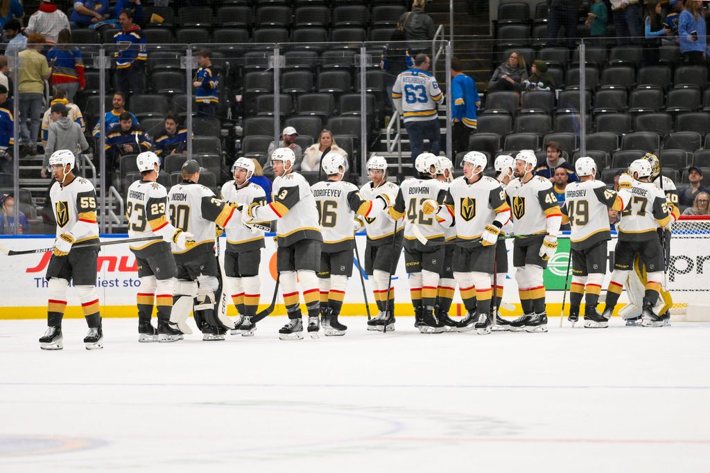Nov 15, 2025; St. Louis, Missouri, USA; Vegas Golden Knights celebrate after they defeated the St. Louis Blues at Enterprise Center. Mandatory Credit: Jeff Curry-Imagn Images