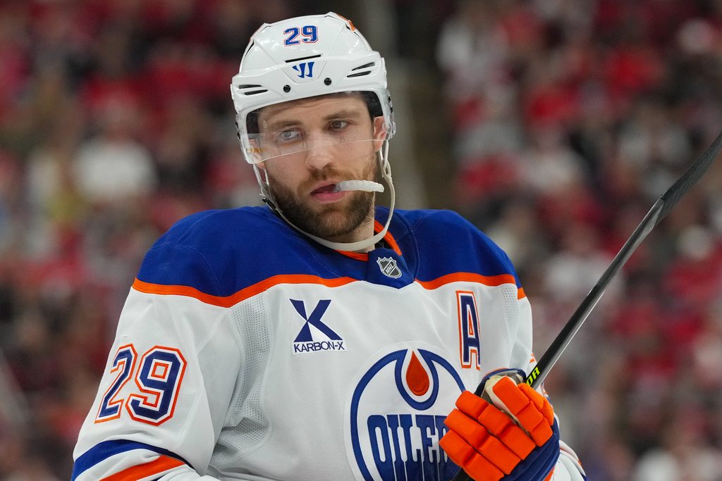 Nov 15, 2025; Raleigh, North Carolina, USA; Edmonton Oilers center Leon Draisaitl (29) looks on against the Carolina Hurricanes during the second period at Lenovo Center. Mandatory Credit: James Guillory-Imagn Images