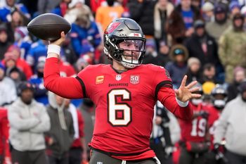 Nov 16, 2025; Orchard Park, New York, USA;  Tampa Bay Buccaneers quarterback Baker Mayfield (6) throws a pass against the Buffalo Bills during the second half of the game at Highmark Stadium. Mandatory Credit: Gregory Fisher-Imagn Images